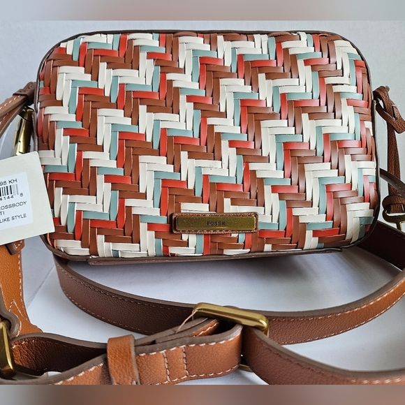 FOSSIL BRYCE CROSSBODY/CLUTCH WOVEN DESIGN BROWN CREAM RUST - Picture 2 of 10